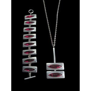 Vintage Jørgen Jensen Denmark Pewter Necklace & Bracelet Set 230B Red Glass Cabo